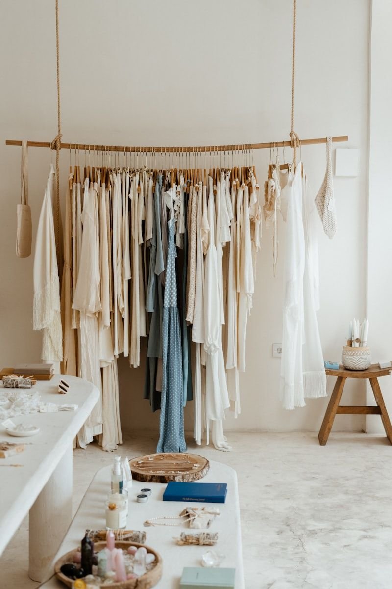Dresses and separates hanging on a rail
