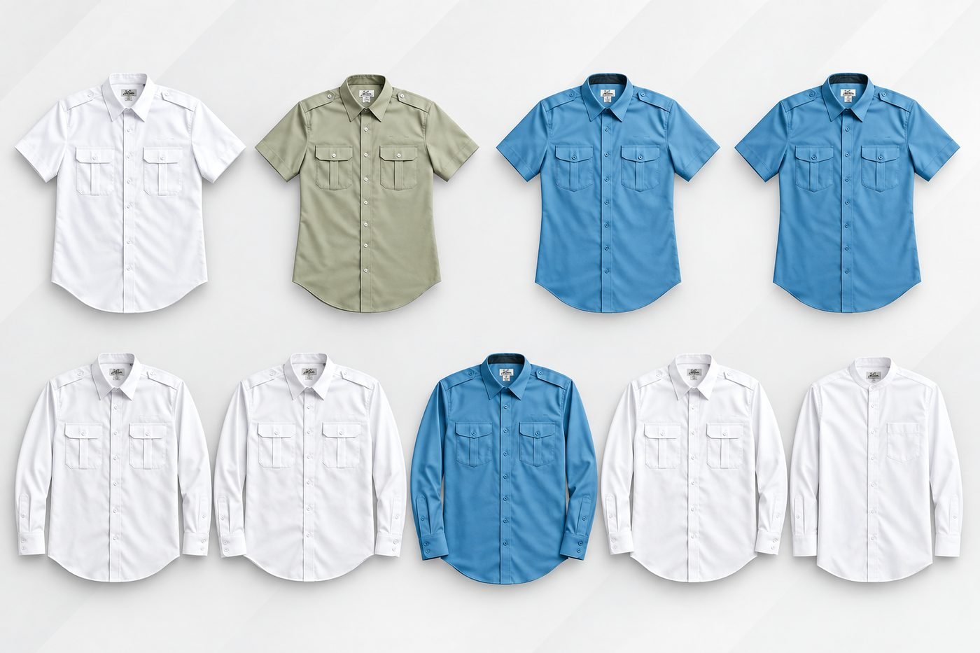 Service and uniform shirts laid flat in white, olive and blue, short and long sleeve